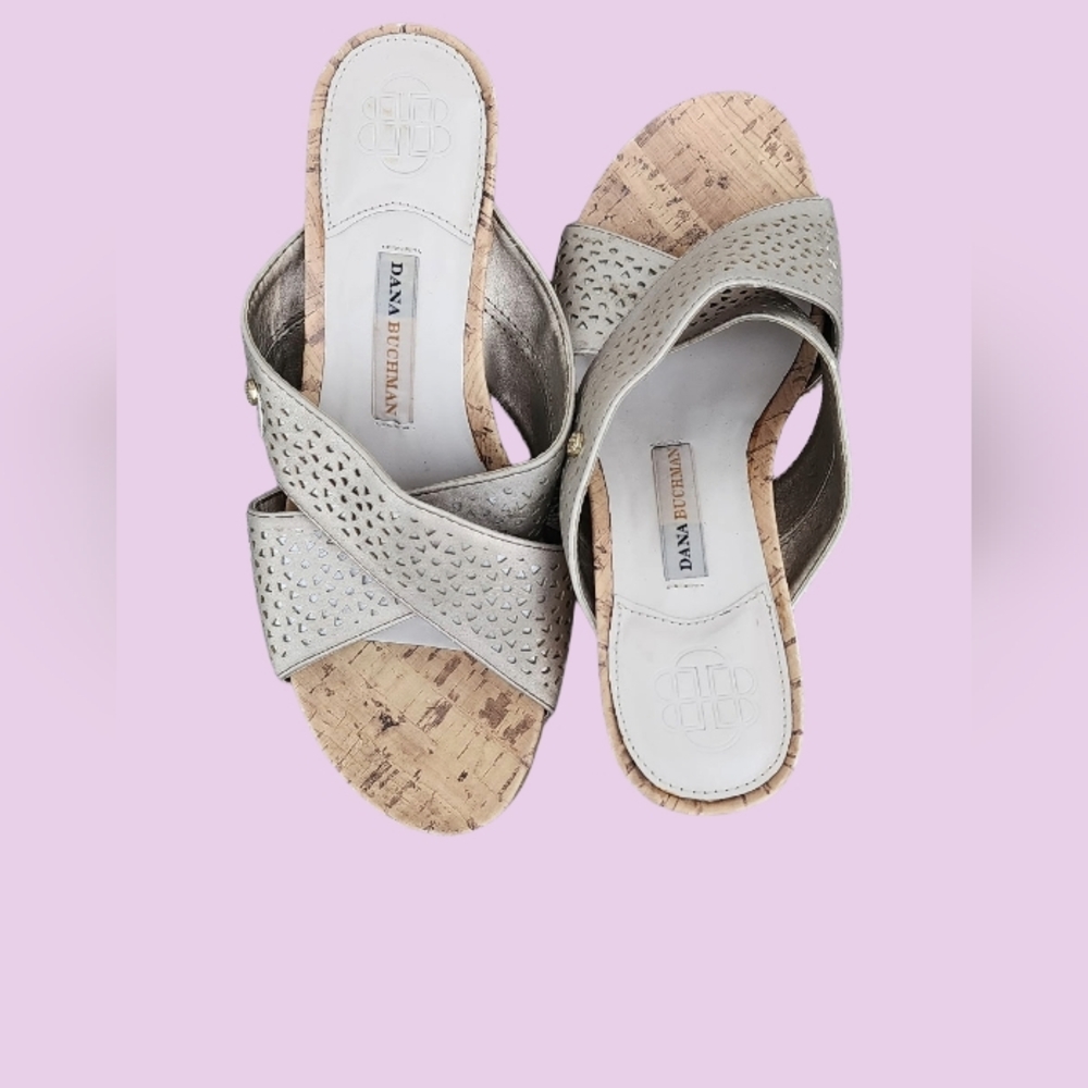 Dana Buchman Silver Cork Sandals Size 8 Med Women's Wedges Guc